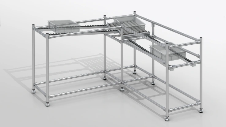 Karakuri distribution module for intralogistics, which divides containers purely mechanically into two lanes