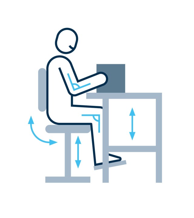 Bosch Rexroth graphic of ergonomic seating at adjustable workstation  