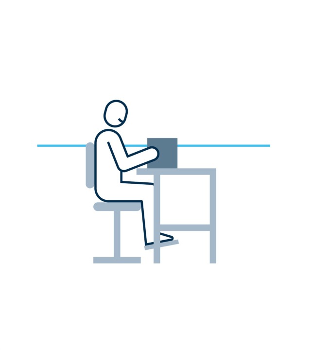 Bosch Rexroth-grafik med en kvinde, der sidder ved en justerbar arbejdsstation i en ideel arbejdsstilling