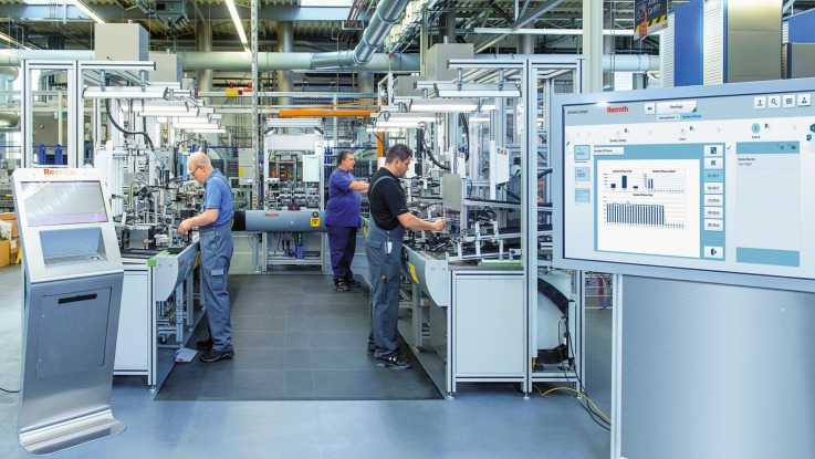 Employes are workling at an lean production with ACTIVE Cockpit from Bosch Rexroth