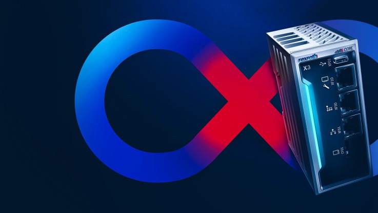 The ctrlX AUTOMATION key visual shows an infinity sign in red and purple, which stands for DevOps. Next to it is a product image of the crtlX core x3.
