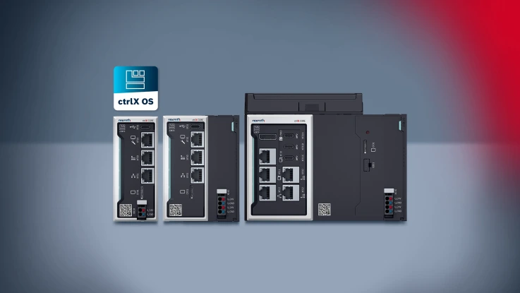 Product images of the ctrlX CORE X3, ctrlX COREplus X3, ctrlX COREplus X7, and the ctrlX OS app icon.