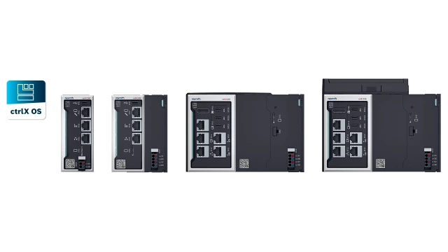 Product images of the ctrlX CORE X3, ctrlX COREplus X3, ctrlX COREplus X7, and the ctrlX OS app icon.