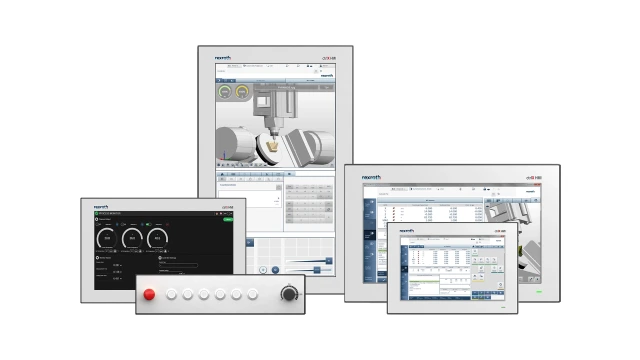 Illustrations of various human-machine interfaces (HMIs) from Bosch Rexroth.