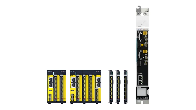 Ilustração de um módulo de segurança ctrlX Safety C.12 + C.15 e ctrlX I/O, acionamento com função de segurança.