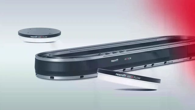 Two movers of the planar system and an oval track of the high-speed motion system ctrlX FLOWHS are visible.