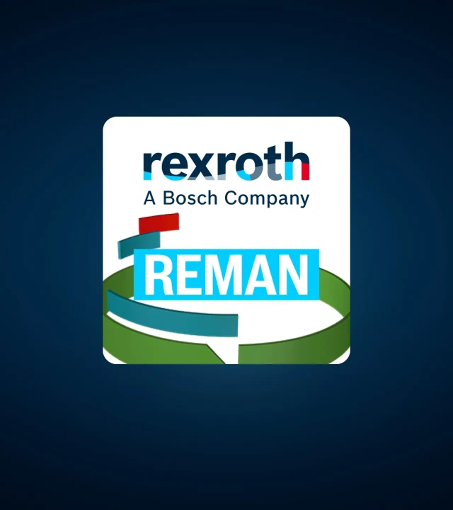 The picture shows the Remanufactured Products sticker from Bosch Rexroth against a dark blue background. The sticker shows the Rexroth logo in combination with the lettering "REMAN", which is surrounded by a green circle.