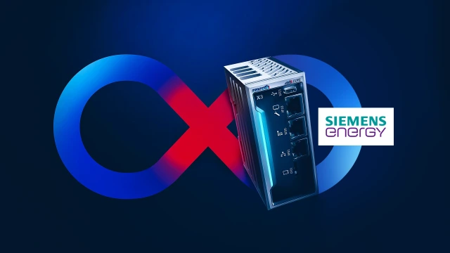 Imagen del producto ctrlX CORE delante de un símbolo de infinito, con el logotipo de Siemens Energy al lado.