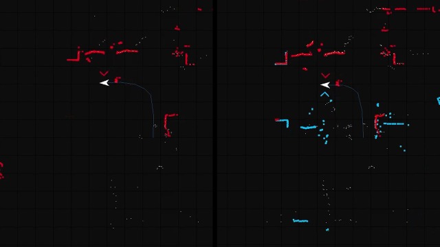 Una pantalla dividida muestra dos fondos negros con líneas de cuadrícula. Cada una muestra una trayectoria idéntica y una punta de flecha. Mientras que solo unas pocas estructuras rojas están visibles a la izquierda, las estructuras azules y rojas están visibles a la derecha.