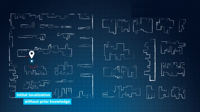 Mapa de cuadrícula azul con estructuras blancas que representan un almacén. En un punto hay un pin de localización y un punto brillante. La estructura que lo rodea es de color rojo. Debajo dice: Initial localization without prior knowledge.