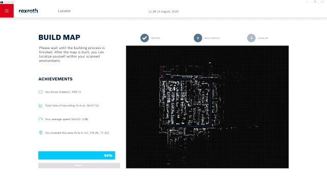 La interfaz gráfica de usuario aXessor muestra la finalización de un mapa digital de la zona circundante, incluyendo el tiempo requerido, los kilómetros conducidos y la velocidad media de conducción.