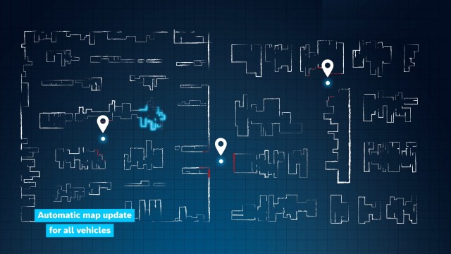 White structures depicting a warehouse environment are shown on a blue grid background. Three locating pins are distributed between the structures, each hovering over a glowing dot. The structures around the dot are colored red. At one point, the structures change color and therefore glow light blue. It says underneath: Automatic map update for all vehicles.