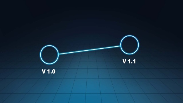 圖片背景全黑，其上有軸向網格線以及一個點，點旁邊有「V 1.0」文字。右邊則為另一個點，以及旁邊的「V 1.1」文字
