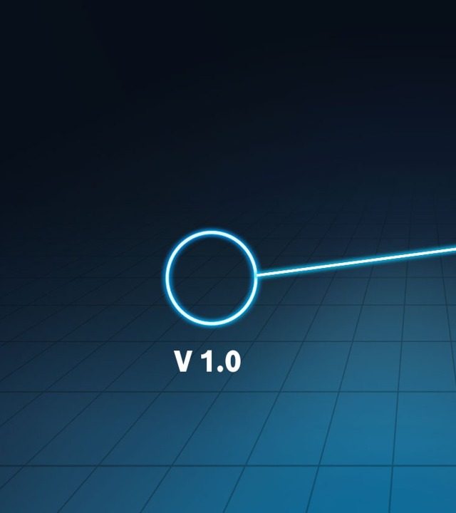 Egy rácsvonalas, sötét háttér előtt egy pont látható „V 1.0” felirattal.