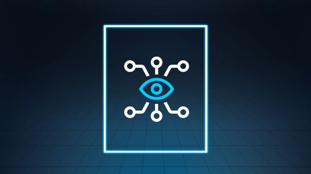 La imagen muestra un símbolo rectangular con un ojo en el centro, rodeado de seis puntos conectados al ojo por líneas.