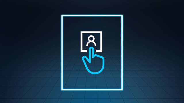 Billedet viser et ikon med en hånd, der trykker på omridset af en brugeravatar med pegefingeren.