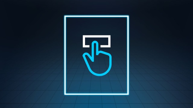 Et rektangel med et håndsymbol som trykker på en hvit knapp med pekefingeren.