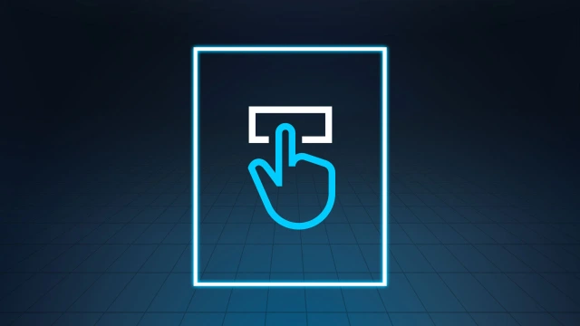 Fondo azul con un icono de mano azul claro que hace clic en un cuadro blanco.