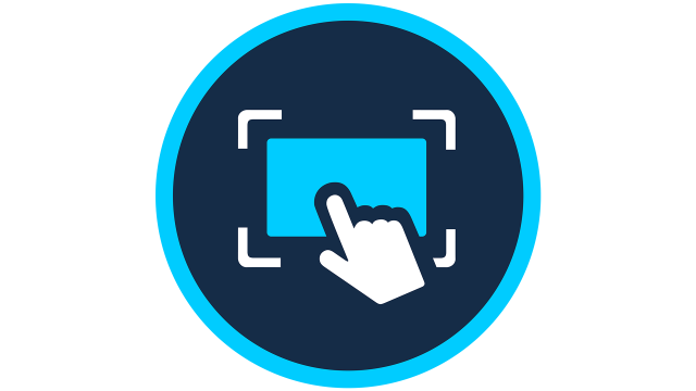 Un icono que muestra una mano pulsando con el dedo índice el icono de una tablet en el centro.