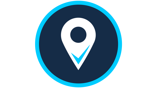 A symbol representing a white stylized pin as used for location marking on maps. There is a checkmark symbol in the head of the pin.