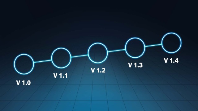 Na ciemnym tle z osiową linią siatki znajdują się cztery kropki połączone świecącą linią, jedna z napisem „V 1.0” obok, następna „V 1.1”, następnie „V 1.2”, a następnie „V1.3” a ostatnia „już wkrótce”.