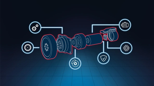 Esquema tridimensional de un módulo de accionamiento de ruedas compuesto por rueda, caja de cambios, freno, motor, codificador de seguridad y controlador. Los seis componentes del módulo están provistos de símbolos que representan los componentes individuales.