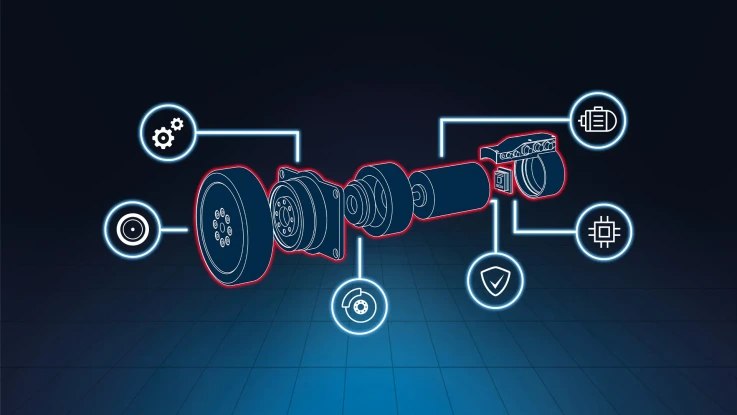 Three-dimensional outline of a wheel drive module consisting of wheel, gear box, brake, motor, safety encoder and controller. All six components of the module are provided with symbols representing the individual components.