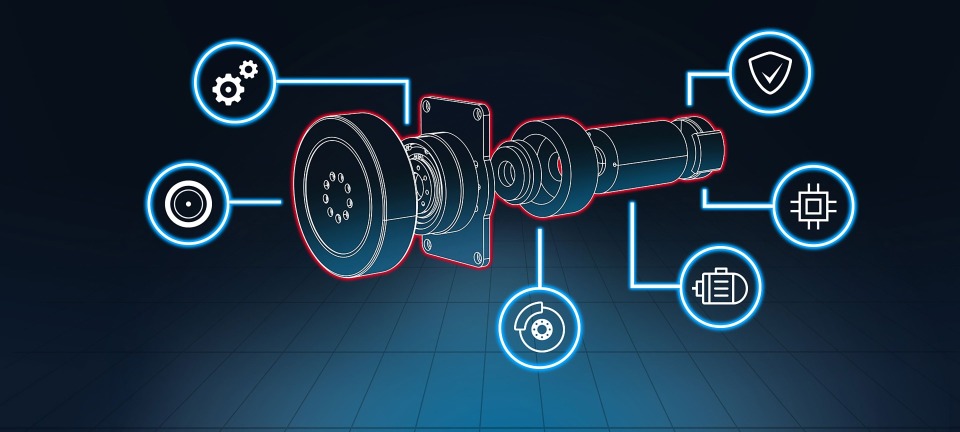 Dreidimensionale Umrisse eines Radantriebsmoduls, bestehend aus Rad, Getriebe, Bremse, Motor, funktional sicherem Drehgeber und Controller. Alle sechs Komponenten des Moduls sind mit Symbolen versehen, die die einzelnen Komponenten darstellen.