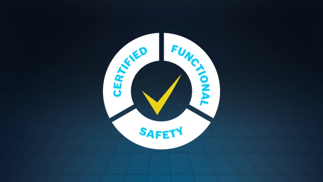Fondo azul con un rectángulo brillante, un círculo de tres partes con la inscripción Certified Functional Safety y un gancho amarillo en el centro.