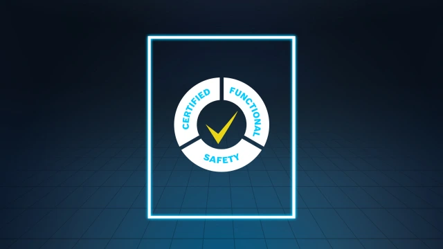 Fondo azul con un rectángulo brillante, un círculo de tres partes con la inscripción Certified Functional Safety y una flecha amarilla en el centro.