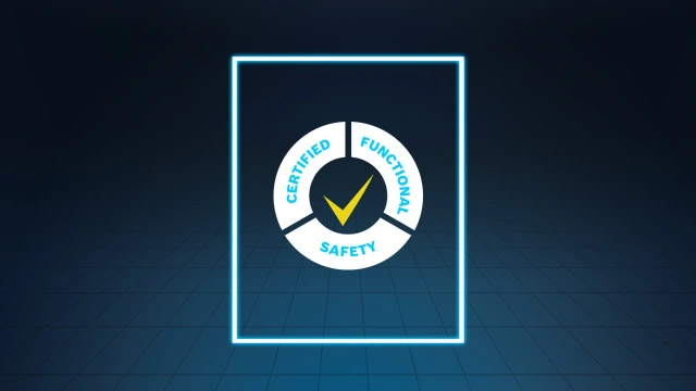 Blue background with a shining rectangle, a three-part circle with the inscription Certified Functional Safety and a yellow arrow in the center.