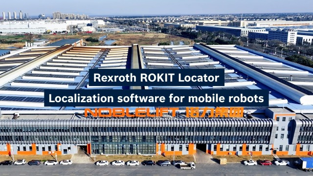  Flott produksjonssted sett ovenfra og med overskriften "Rexroth ROKIT Locator - Lokaliseringsprogramvare for mobile roboter"