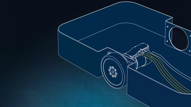 Blue background with a schematic representation of a wheel drive module that is installed in a mobile robot using four screws, a power cable and two EtherCAT cables.