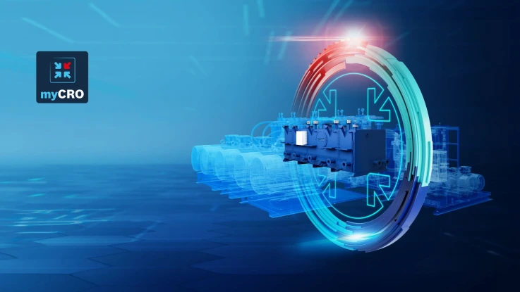 Centralina di grandi dimensioni ridotta mostrata schematicamente con Connected Hydraulics Gate e icona myCRO