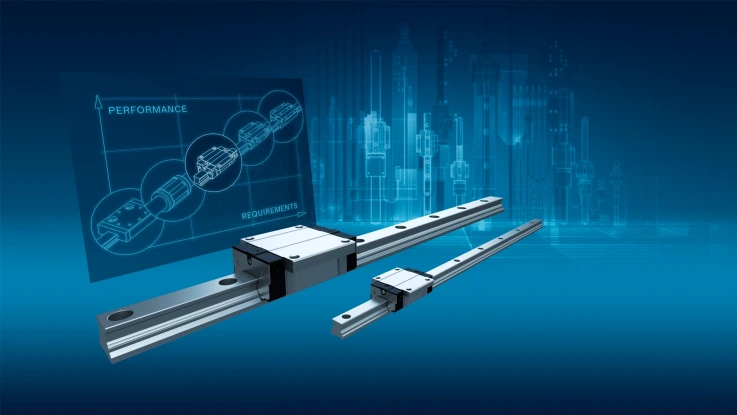 Im Bild sind zwei BSCL-Kugelschienenführungen zu sehen. Im Hintergrund eine Grafik, die die Einordnung der BSCL in das Linearführungsprogramm von Rexroth nach Performance und Requirements darstellt.