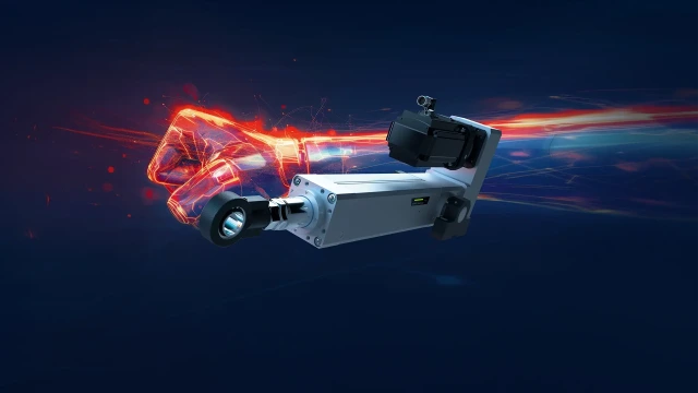 An electromechanical cylinder with a sensor package, alongside a fiery arm including a fist.