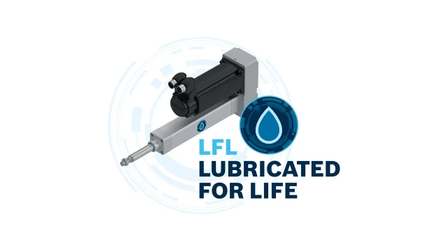 Electromechanical cylinder EMC on a light blue circle with the lettering LFL lubricated for life and a blue drop in a dark blue circle. 