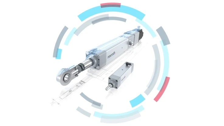 Two differently sized electromechanical cylinders lying on their own construction drawing, surrounded by a circle.