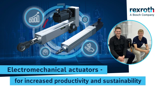 Thumbnail for the free Web Seminar "Web-Seminar: Electromechanical actuators - for increased productivity and sustainability". It shows two electromechanical cylinders surrounded by icons for productivity and sustainability as well as two experts on the right edge of the picture.