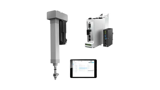 Mechatronic solution with electromechanical cylinder, automation hardware and commissioning software.