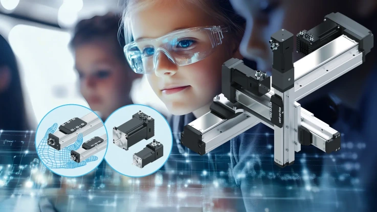 In the background children, on the right a multi-axis solution of small modules, on the bottom a stepper motor and axes.