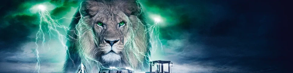 eLION key visual with a lion with green eyes against a dark, cloudy sky with green flashes