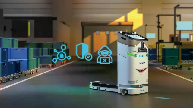 ACTIVE Shuttle in einem Warehouse mit Symbolen im Hintergrund, die IT-Sicherheit verdeutlichen