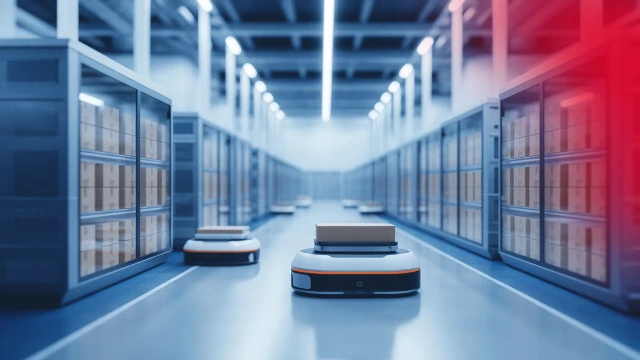 The image shows all components of the solution set for mobile robots, consisting of hardware and software components from the ctrlX AUTOMATION portfolio. The background is colored with a blue/red gradient. 