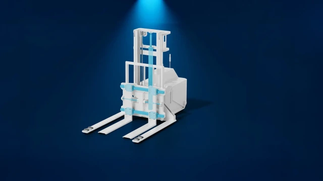 You can see the lifting unit of a forklift AGV with the turquoise-colored components of an electromechanical cylinder, linear guides and screw drives.