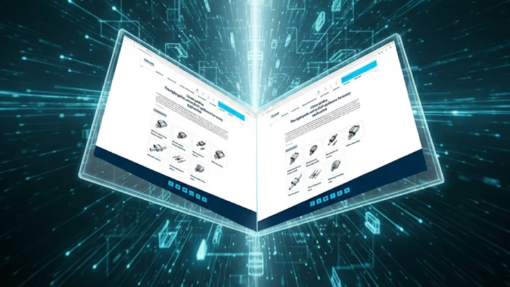 A digital catalog image. In the foreground is an open catalog showing the contents of the pages, set against an abstract, glowing background of blue and white lines.