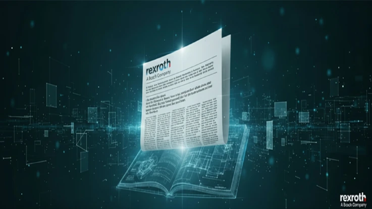 A dynamic, digital image depicting a stylized newspaper featuring the Rexroth logo, emerging from a luminous, abstract background and symbolizing the announcement of new developments.