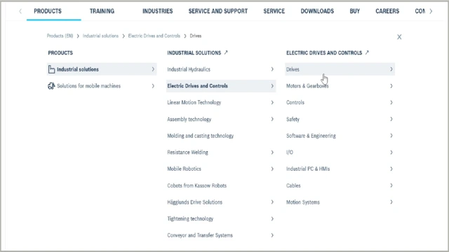The Bosch Rexroth website is open. On the left side of the screen, you can see an open navigation menu that is expanded to the third level.