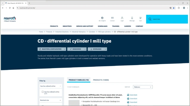 The screen displays an online catalog with a header and navigation bar. Below that, there is a heading with three buttons and a block of text. Further down the page, filter options are located on the left, and to the right of those are the “Product Families” and “Products” tabs.