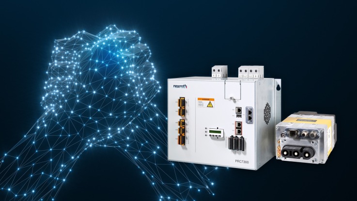 Image of illustrated interlocking hands and of the resistance welding control PRC7000 and the associated transformer PSG6130 from Bosch Rexroth.